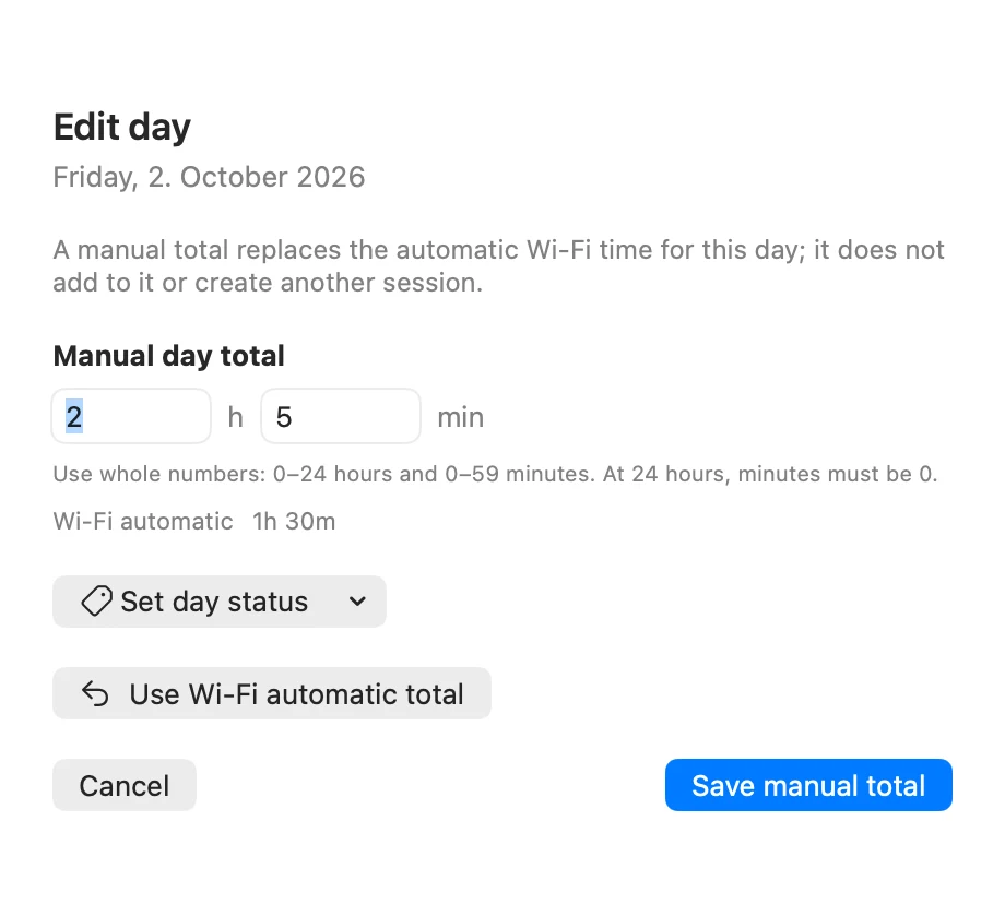 The Workmark day editor, where a manual total replaces the automatic Wi-Fi total. Demo data.