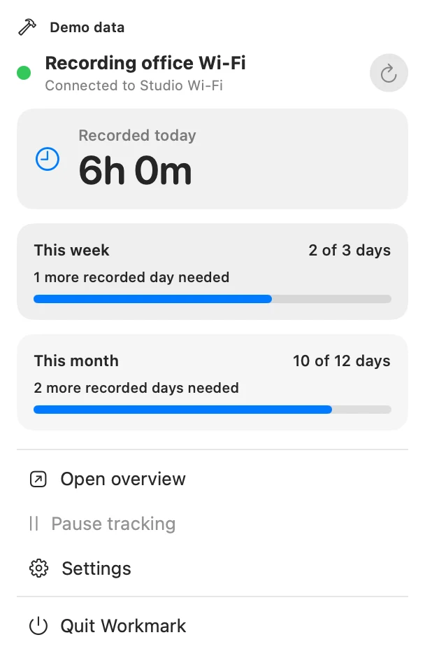 Workmark menu bar showing recorded time today and weekly and monthly goal progress, with demo data.